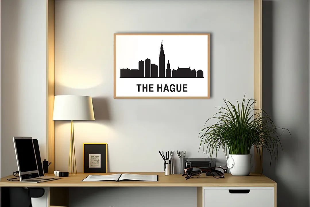 Metall Magnetboard mit hochwertigem The Hague Skyline schwarz weiß Design