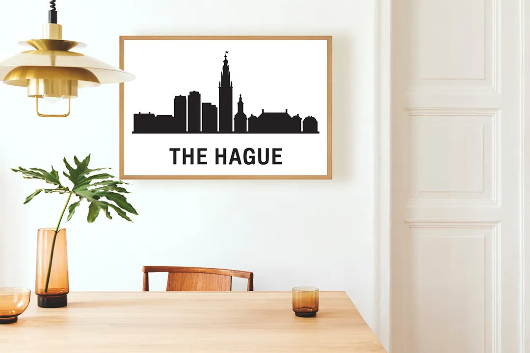 Metall Magnetboard mit hochwertigem The Hague Skyline schwarz weiß Design