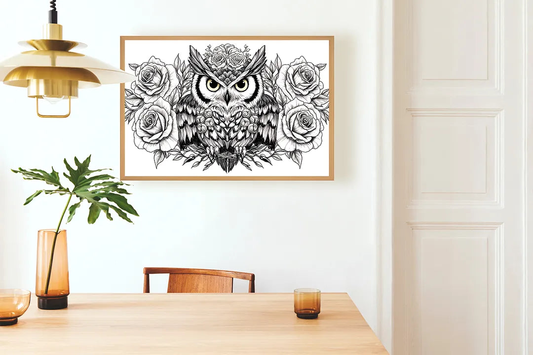 Metall Magnetboard mit hochwertigem Eule Illustration mit Blumen Design