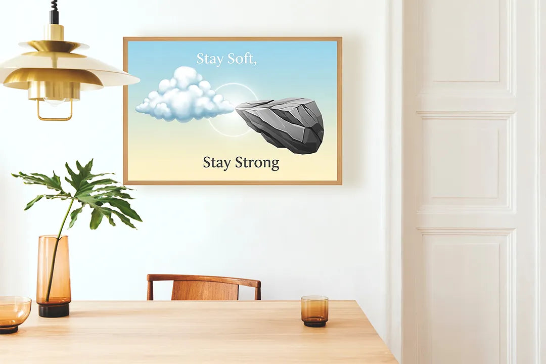 Metall Magnetboard mit hochwertigem Stay soft stay strong Text Stein Design