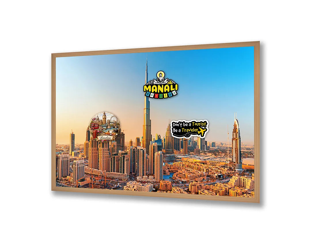Metall Magnetboard mit hochwertigem Dubai Skyline Bei Sonnenuntergang Design