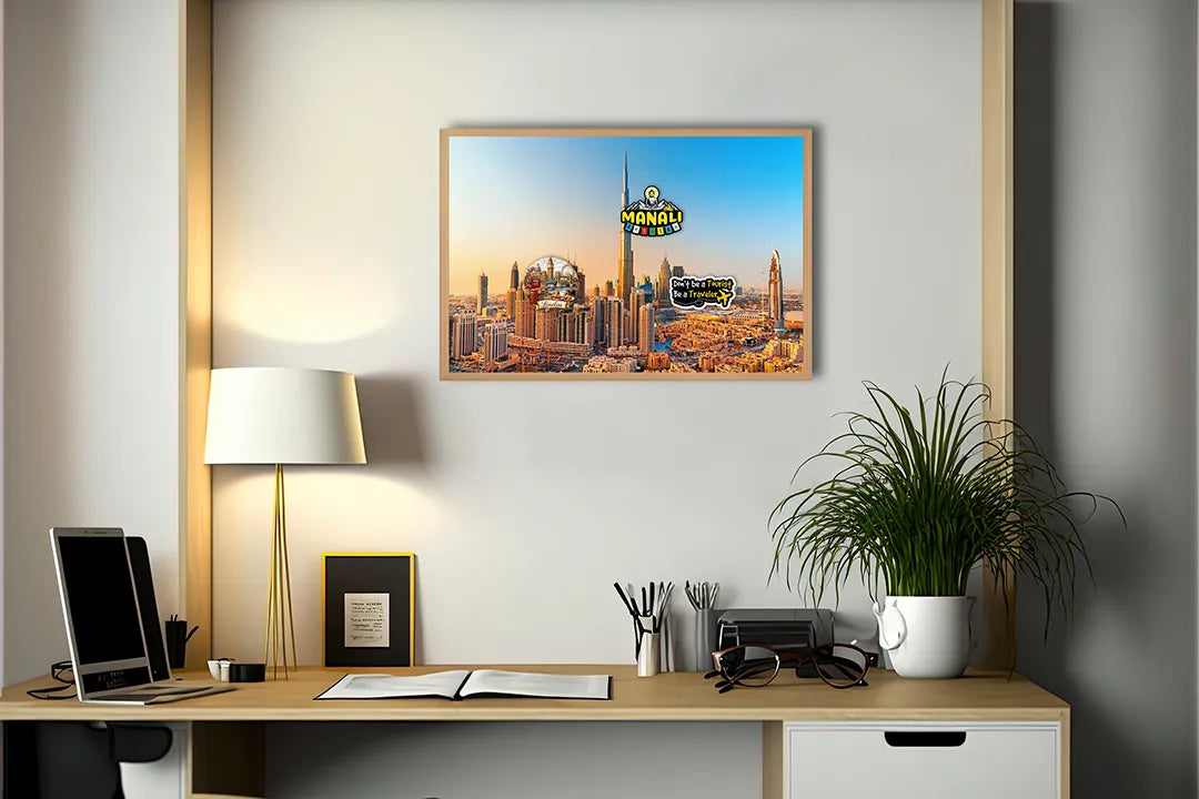 Metall Magnetboard mit hochwertigem Dubai Skyline Bei Sonnenuntergang Design