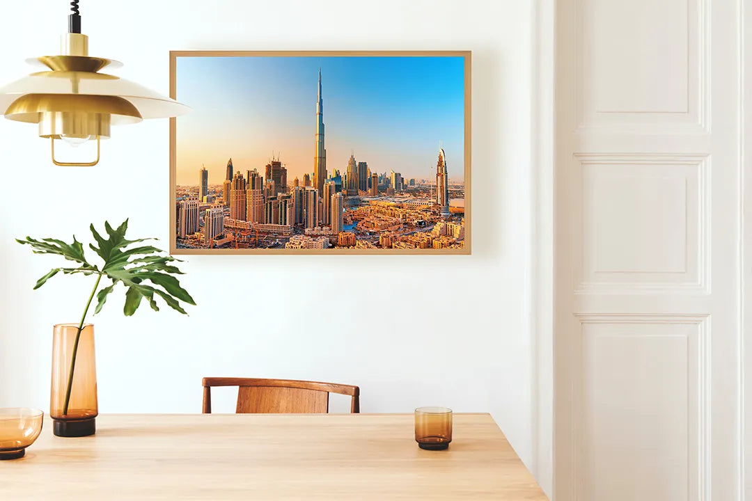 Metall Magnetboard mit hochwertigem Dubai Skyline Bei Sonnenuntergang Design