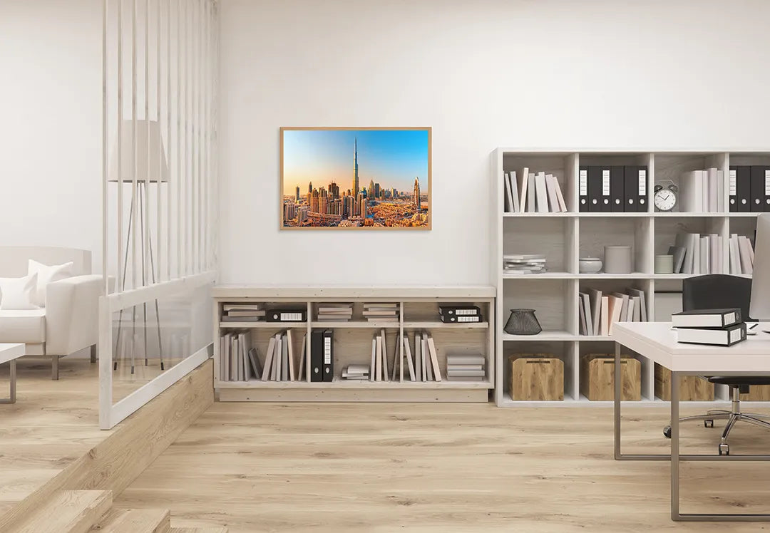 Metall Magnetboard mit hochwertigem Dubai Skyline Bei Sonnenuntergang Design