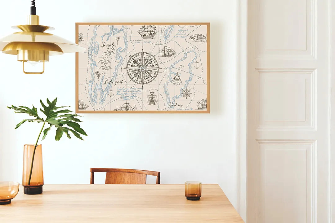 Metall Magnetboard mit hochwertigem Vintage Maritiem Kompass Mit Karte Design