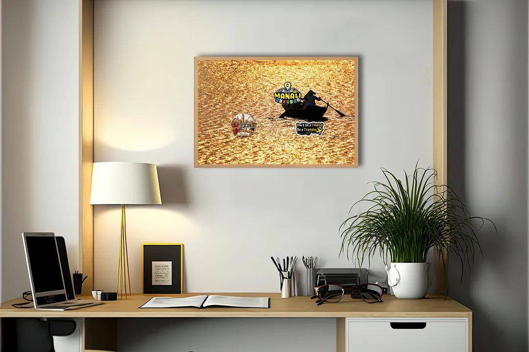 Metall Magnetboard mit hochwertigem Bootje in Goldene Sonnenuntergang Design