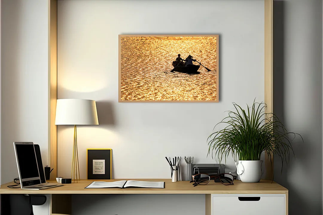 Metall Magnetboard mit hochwertigem Bootje in Goldene Sonnenuntergang Design