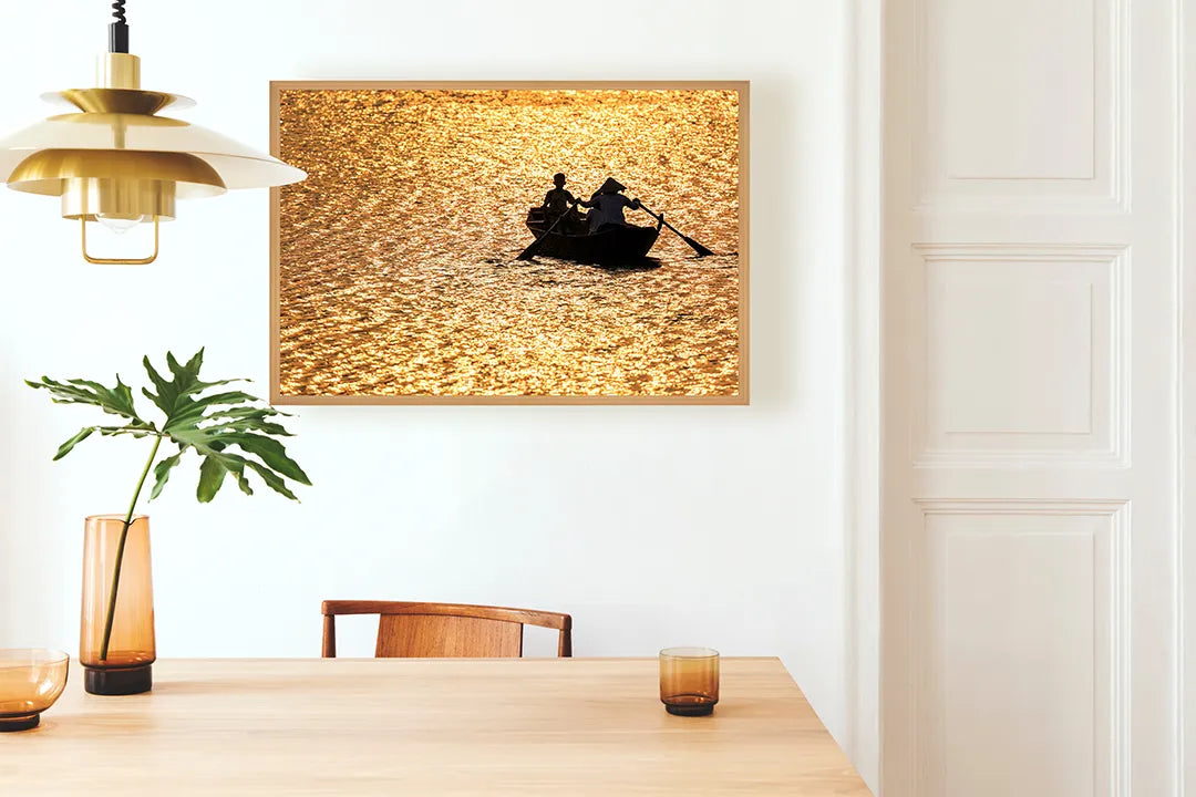 Metall Magnetboard mit hochwertigem Bootje in Goldene Sonnenuntergang Design