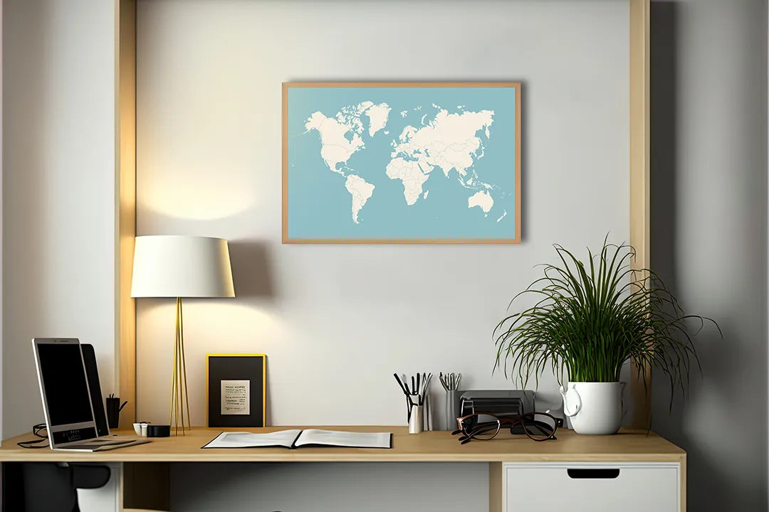 Metall Magnetboard mit hochwertigem Weltkarte Pastell blau Design