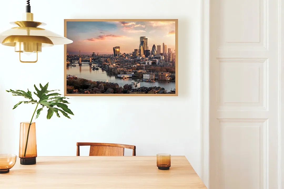 Metall Magnetboard mit hochwertigem Londen Skyline Sonnenuntergang Design