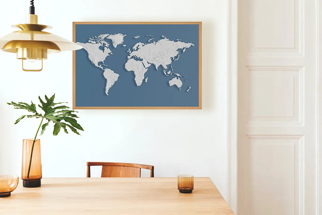 Metall Magnetboard mit hochwertigem Weltkarte blau Design