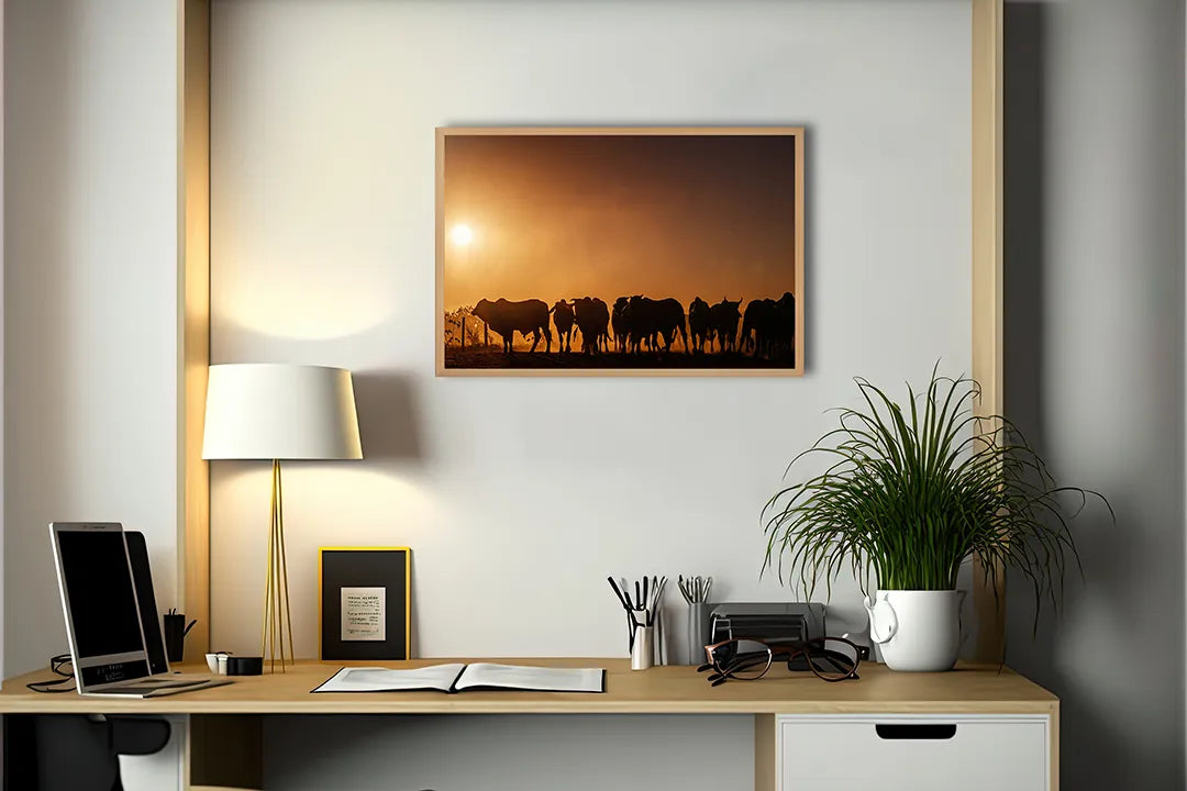 Metall Magnetboard mit hochwertigem Koeien Silhouette Sonnenuntergang Design