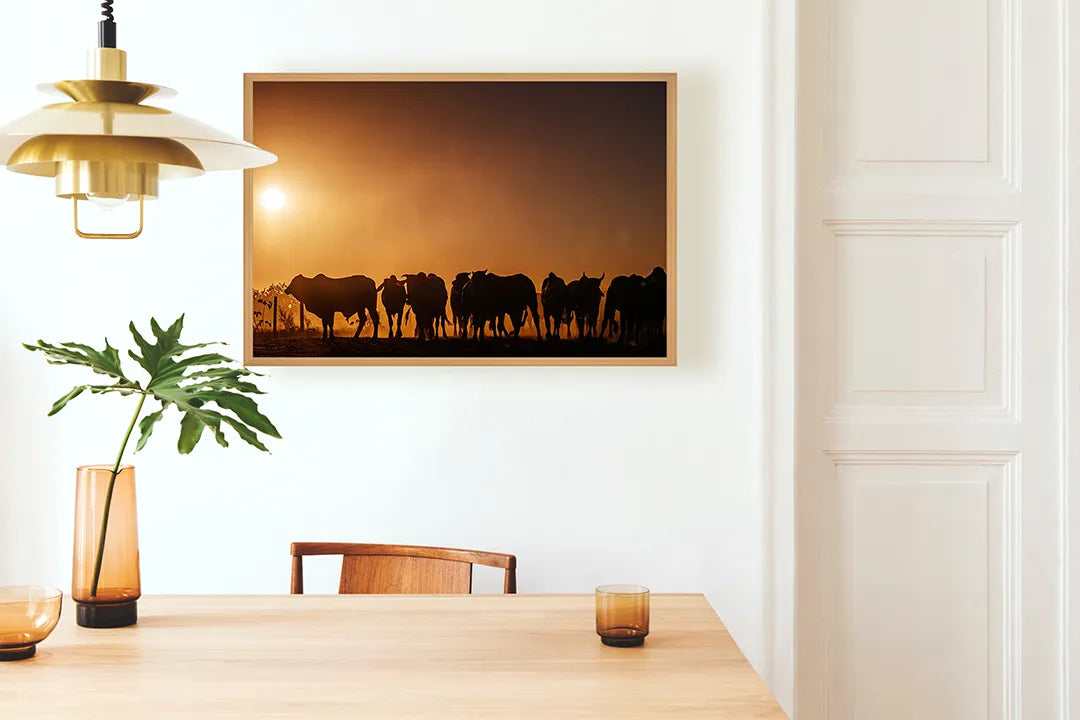 Metall Magnetboard mit hochwertigem Koeien Silhouette Sonnenuntergang Design