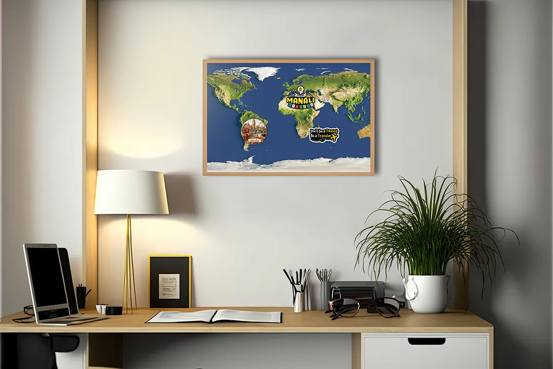Metall Magnetboard mit hochwertigem Weltkarte blau Landschaft Design