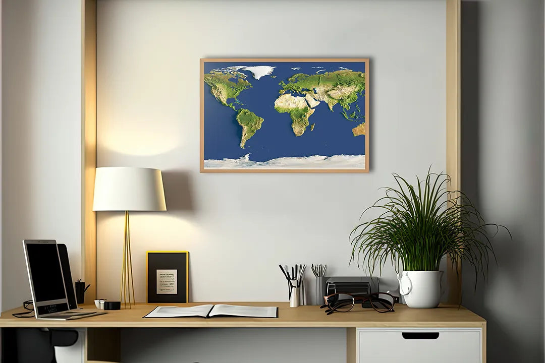 Metall Magnetboard mit hochwertigem Weltkarte blau Landschaft Design