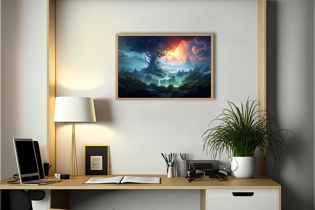Metall Magnetboard mit hochwertigem Magisch Wald Sonnenuntergang Design