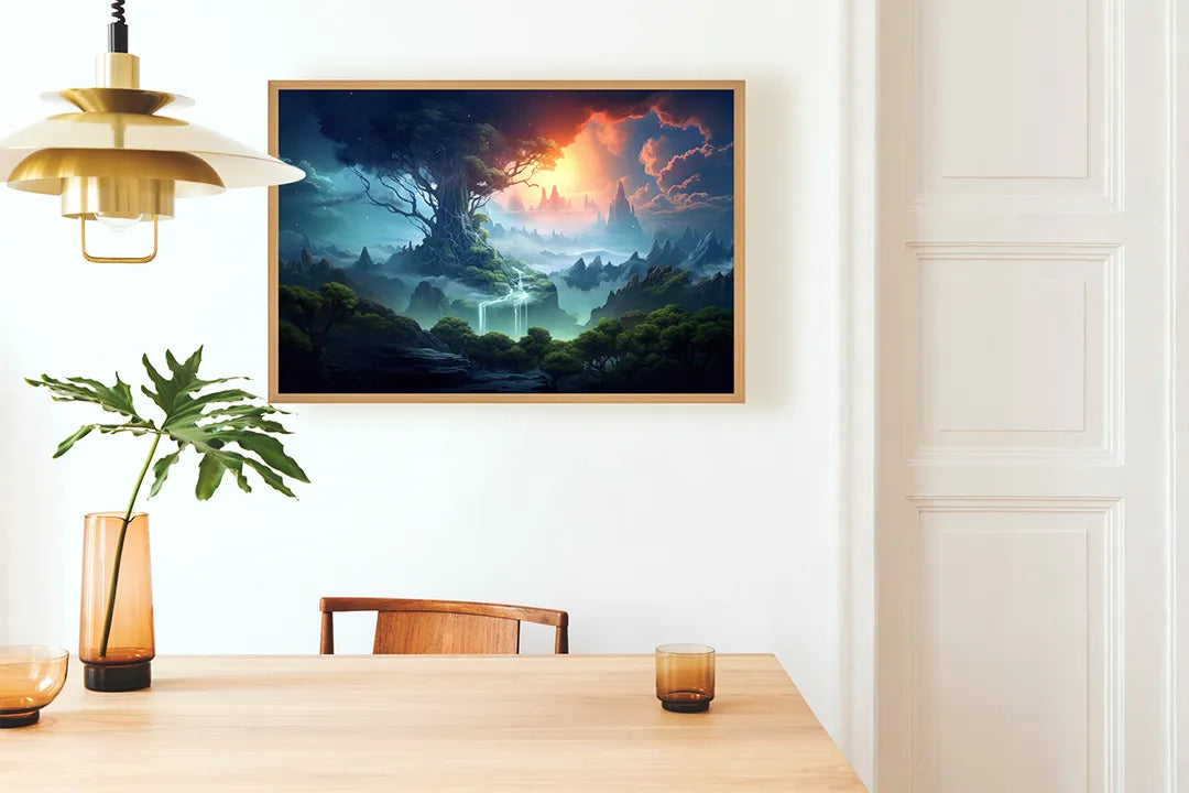 Metall Magnetboard mit hochwertigem Magisch Wald Sonnenuntergang Design