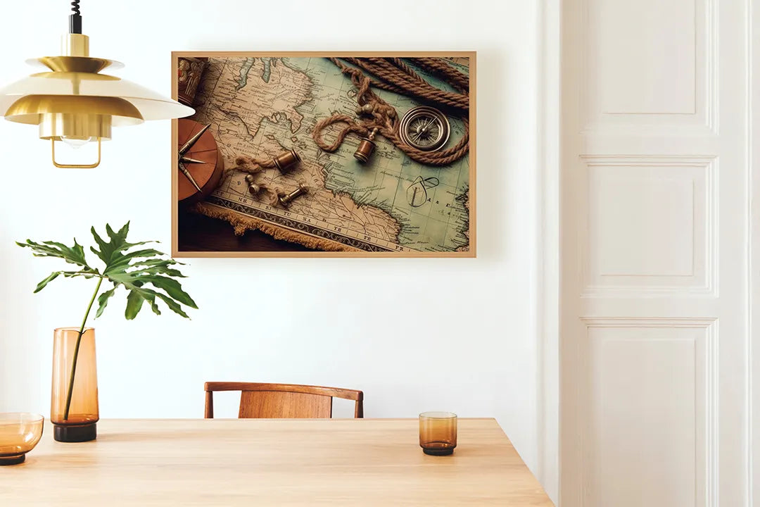 Metall Magnetboard mit hochwertigem Weltkarte Holz Kompass Design