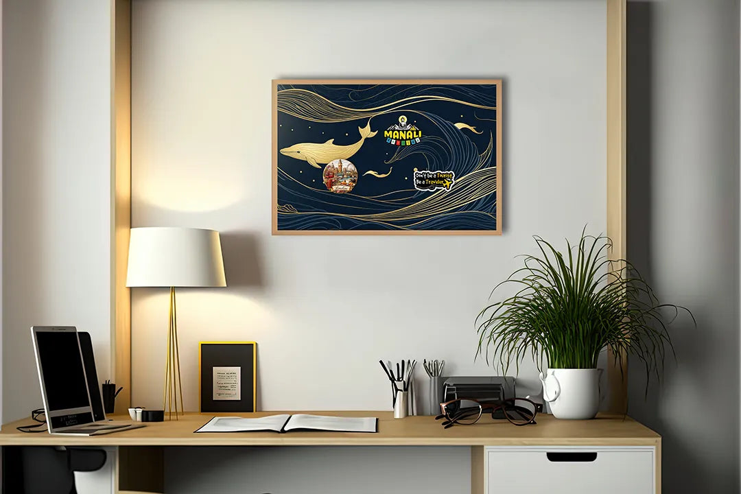 Metall Magnetboard mit hochwertigem Walvis Illustration Gold auf blau Design