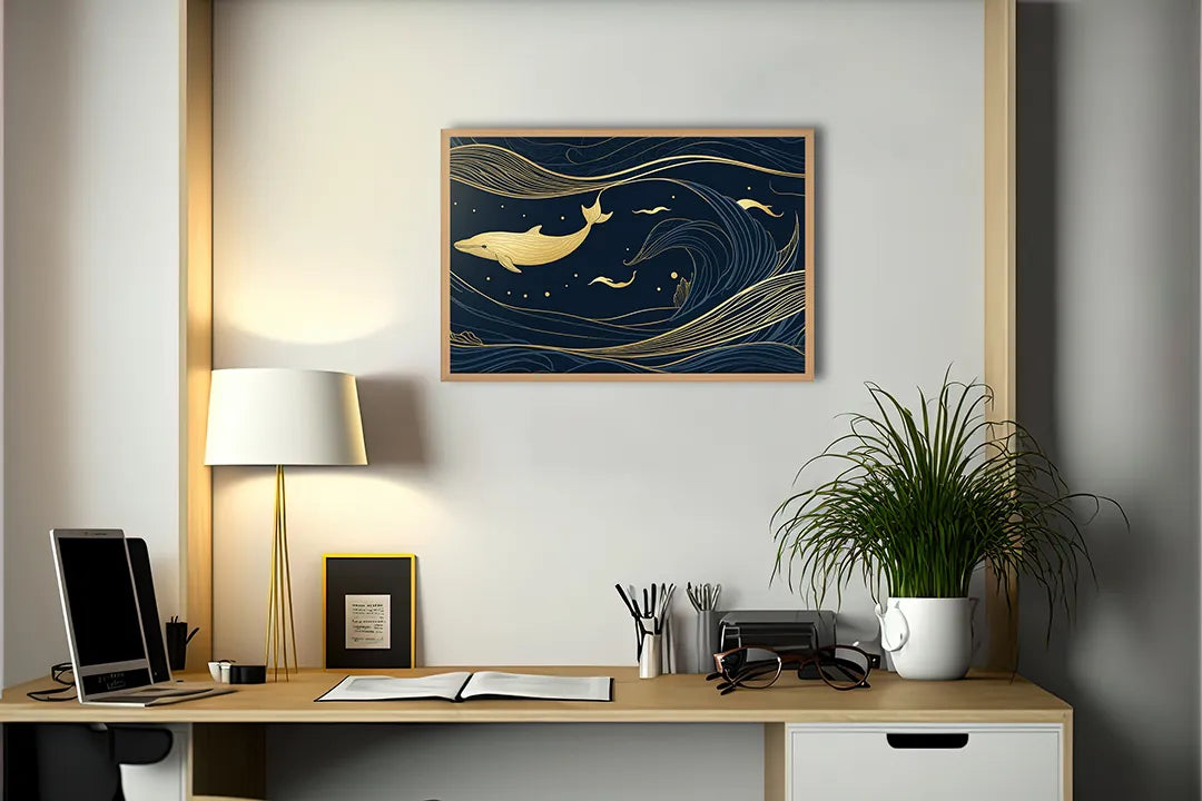 Metall Magnetboard mit hochwertigem Walvis Illustration Gold auf blau Design