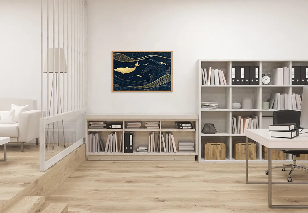 Metall Magnetboard mit hochwertigem Walvis Illustration Gold auf blau Design