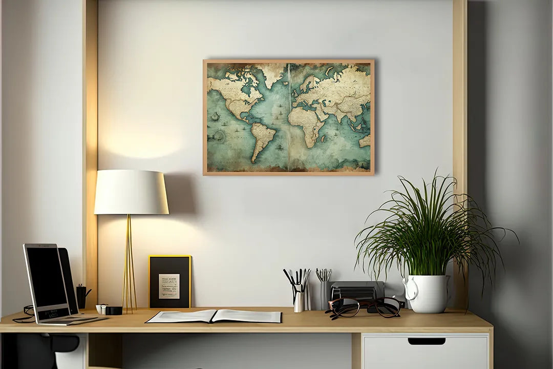 Metall Magnetboard mit hochwertigem Vintage Weltkarte grün Design