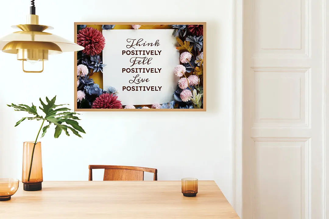 Metall Magnetboard mit hochwertigem Think positive Text Blumen Design