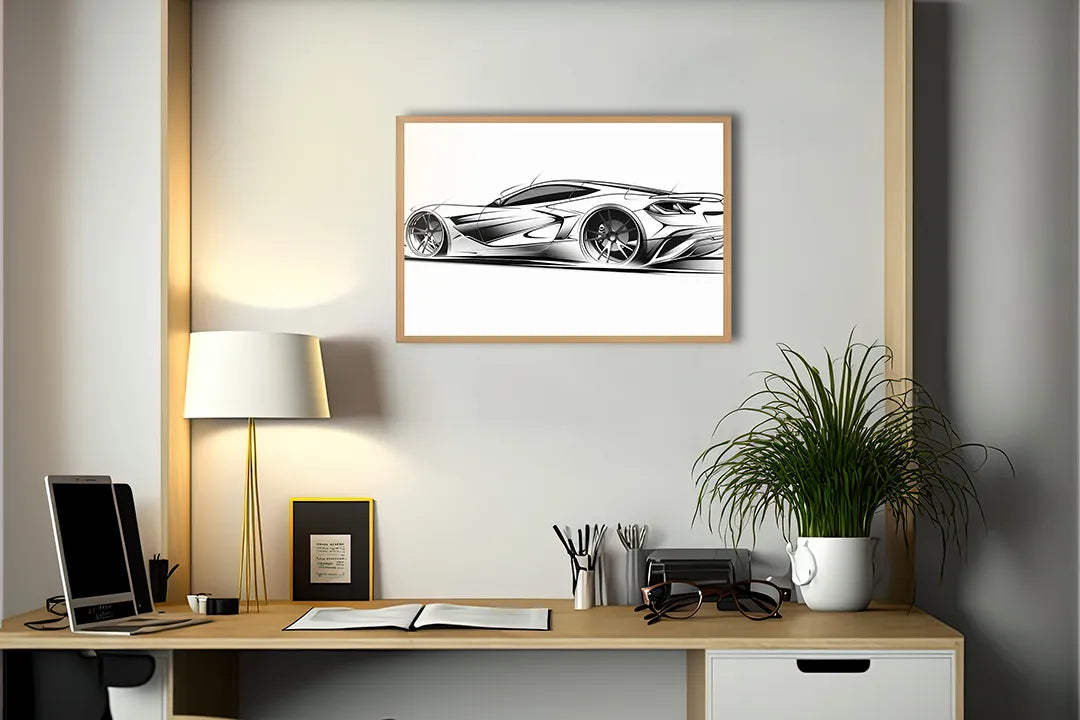 Metall Magnetboard mit hochwertigem Sportwagen Skizze zijaanzicht Design