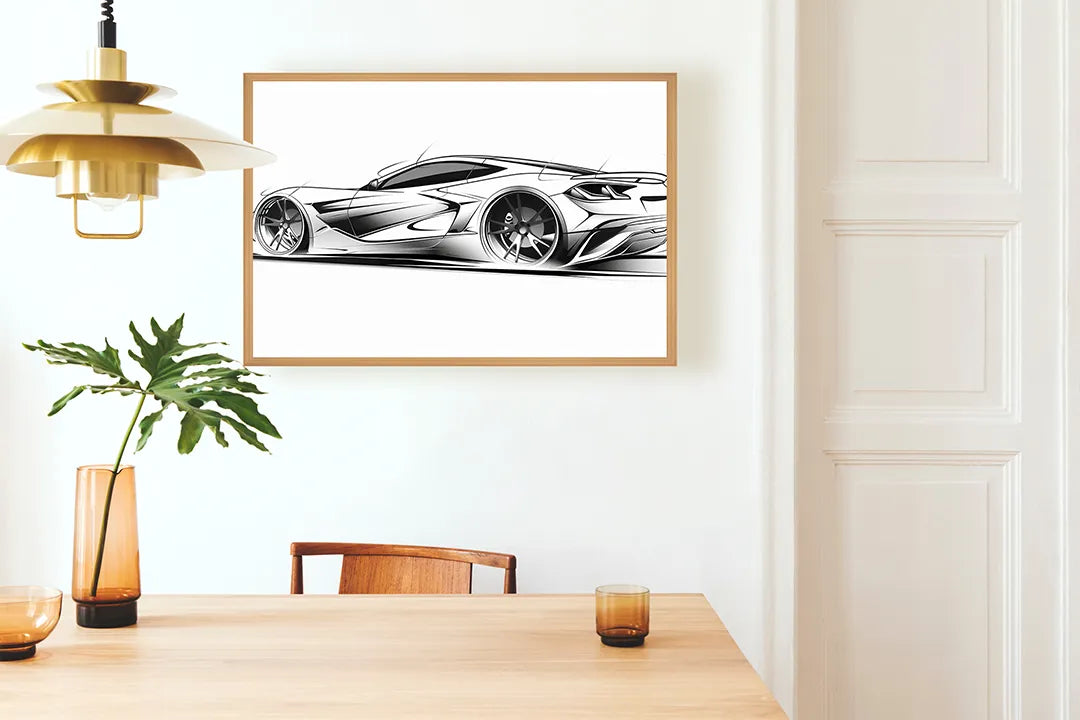Metall Magnetboard mit hochwertigem Sportwagen Skizze zijaanzicht Design