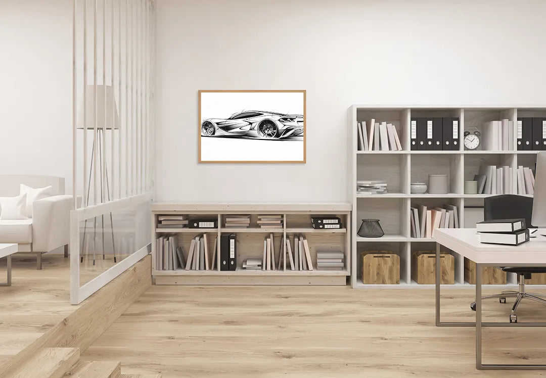 Metall Magnetboard mit hochwertigem Sportwagen Skizze zijaanzicht Design