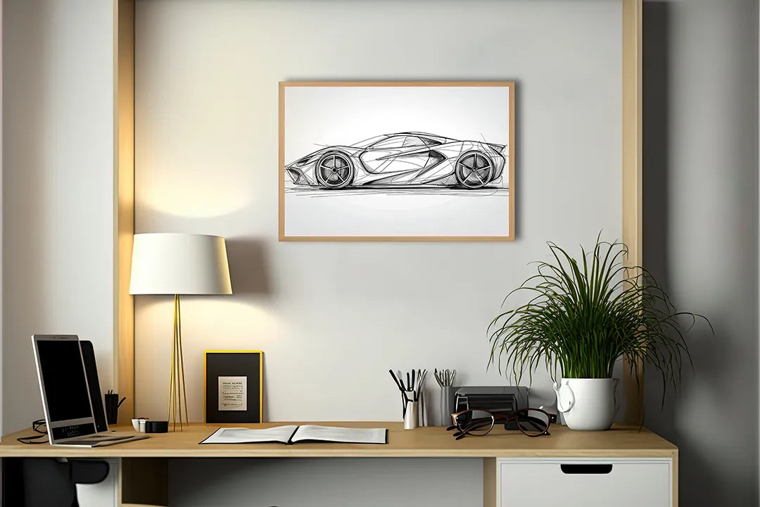 Metall Magnetboard mit hochwertigem Sportwagen Skizze vooraanzicht Design
