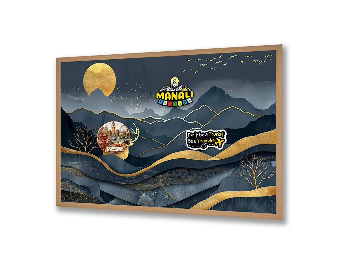 Metall Magnetboard mit hochwertigem Goldene hert in Berge donkerblauw Design