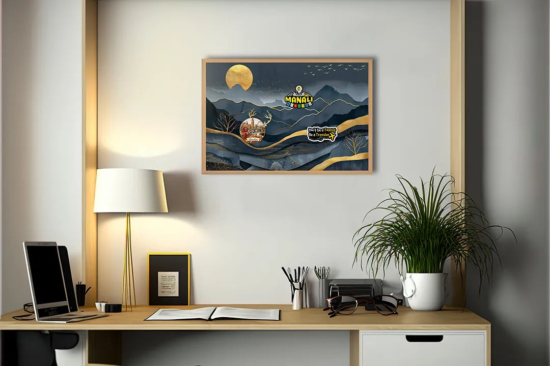 Metall Magnetboard mit hochwertigem Goldene hert in Berge donkerblauw Design