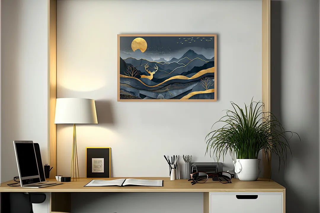 Metall Magnetboard mit hochwertigem Goldene hert in Berge donkerblauw Design