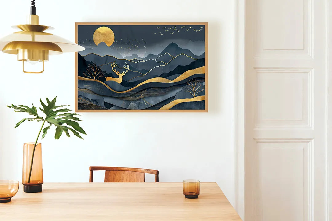 Metall Magnetboard mit hochwertigem Goldene hert in Berge donkerblauw Design