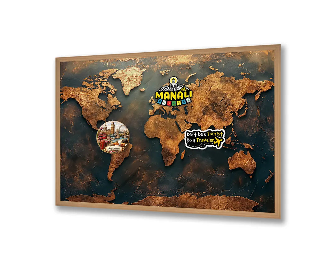 Metall Magnetboard mit hochwertigem Goldene Weltkarte Vintage Design