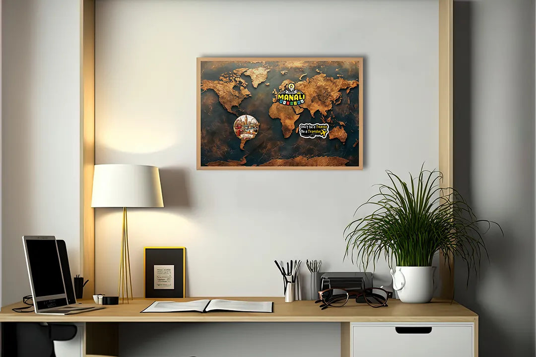 Metall Magnetboard mit hochwertigem Goldene Weltkarte Vintage Design