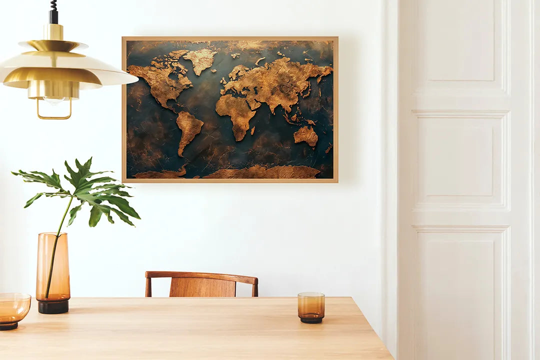 Metall Magnetboard mit hochwertigem Goldene Weltkarte Vintage Design