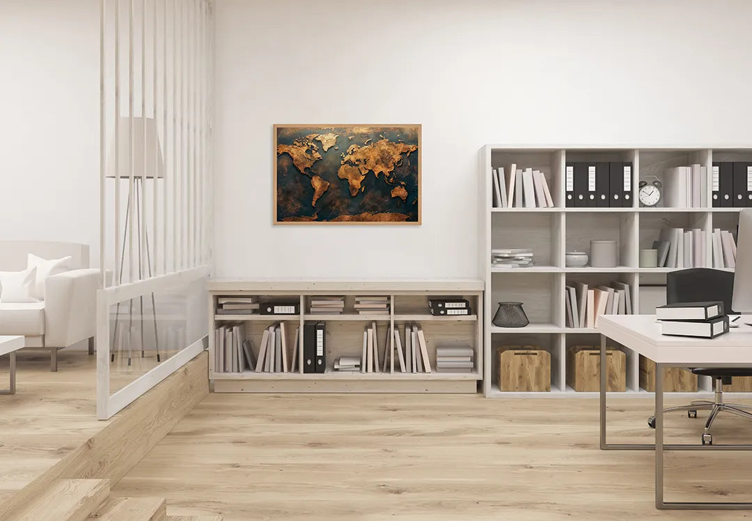Metall Magnetboard mit hochwertigem Goldene Weltkarte Vintage Design