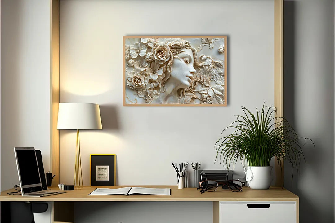 Metall Magnetboard mit hochwertigem Frauengesicht Blumen Relief weiß Design