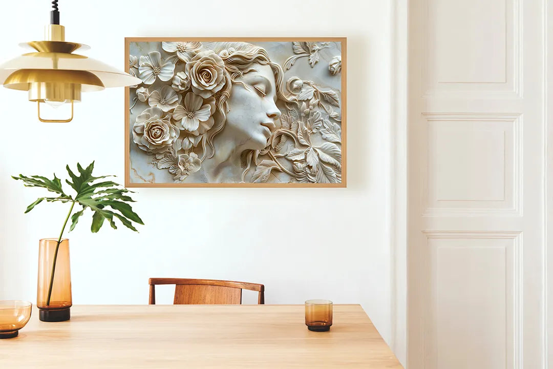 Metall Magnetboard mit hochwertigem Frauengesicht Blumen Relief weiß Design