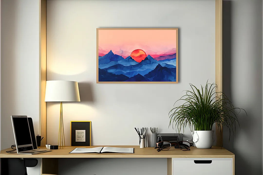 Metall Magnetboard mit hochwertigem Rote zon über blaue Berge Design