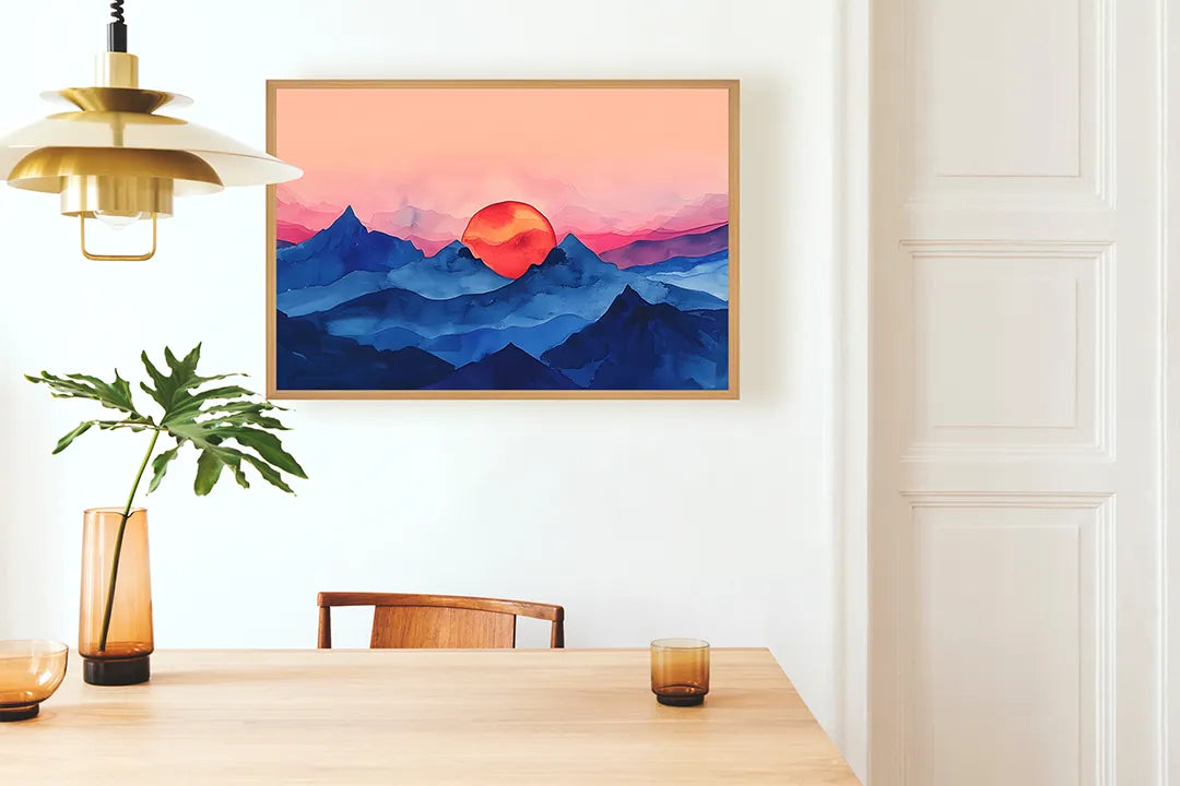 Metall Magnetboard mit hochwertigem Rote zon über blaue Berge Design