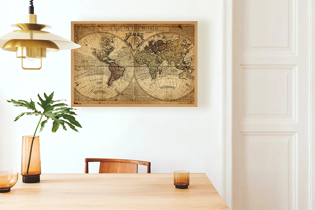 Metall Magnetboard mit hochwertigem Dunkle Vintage Weltkarte Design