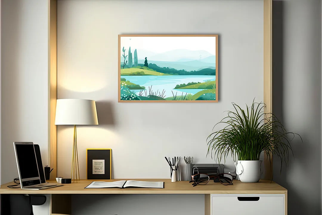 Metall Magnetboard mit hochwertigem Grün Landschaft See Illustration Design