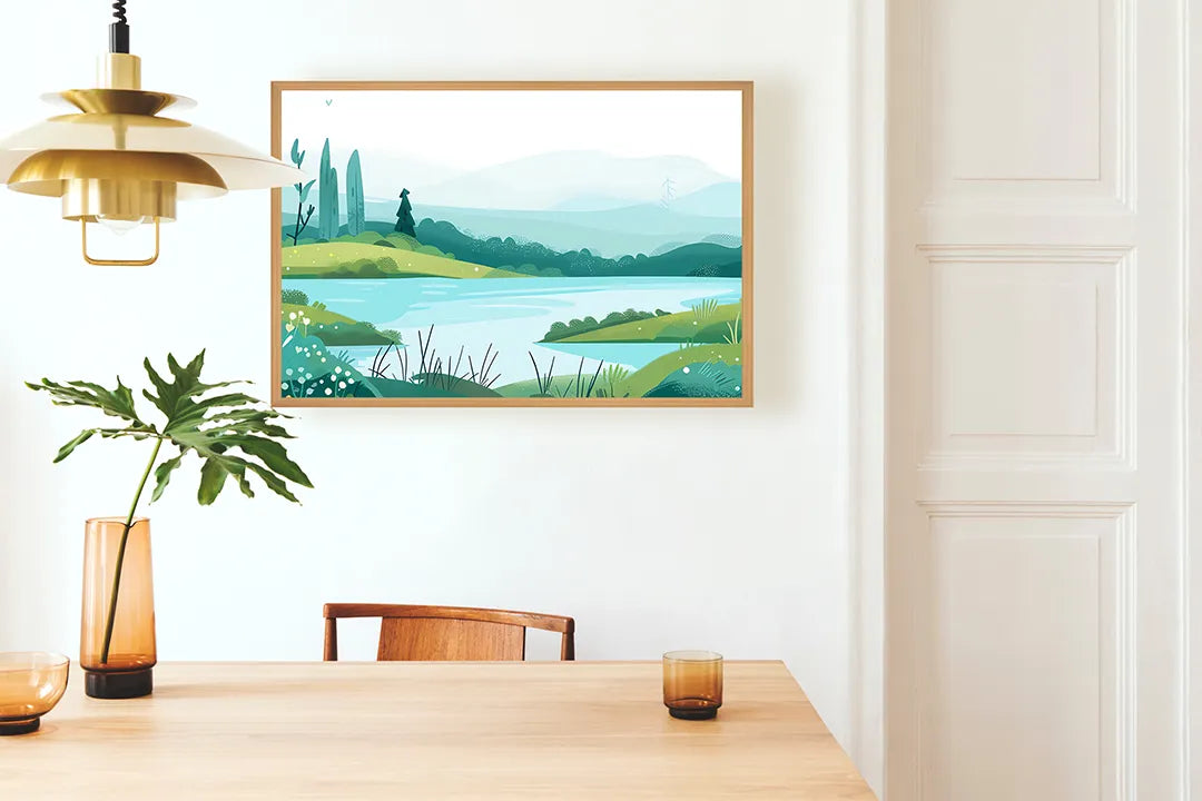 Metall Magnetboard mit hochwertigem Grün Landschaft See Illustration Design
