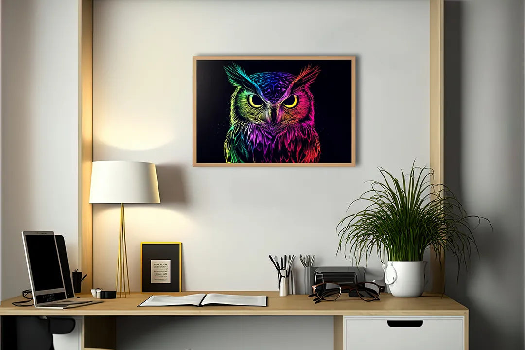 Metall Magnetboard mit hochwertigem Neon Eule schwarz Design