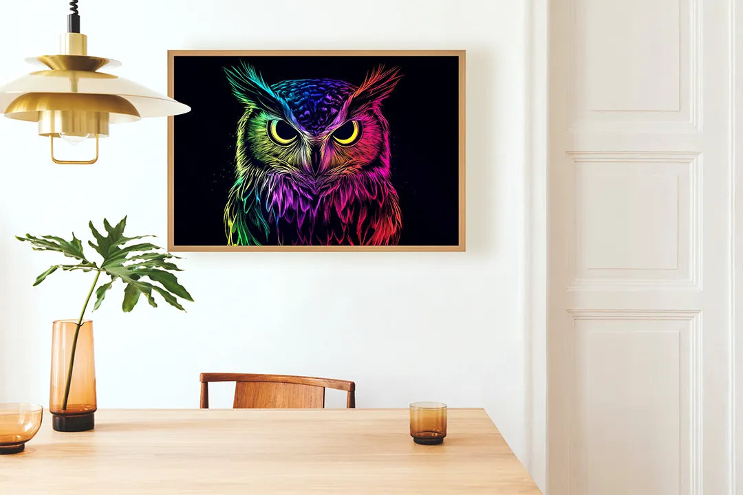 Metall Magnetboard mit hochwertigem Neon Eule schwarz Design