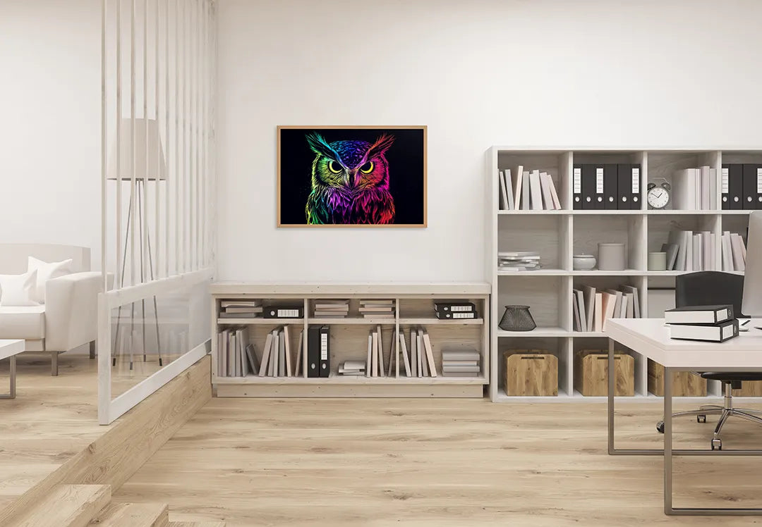 Metall Magnetboard mit hochwertigem Neon Eule schwarz Design
