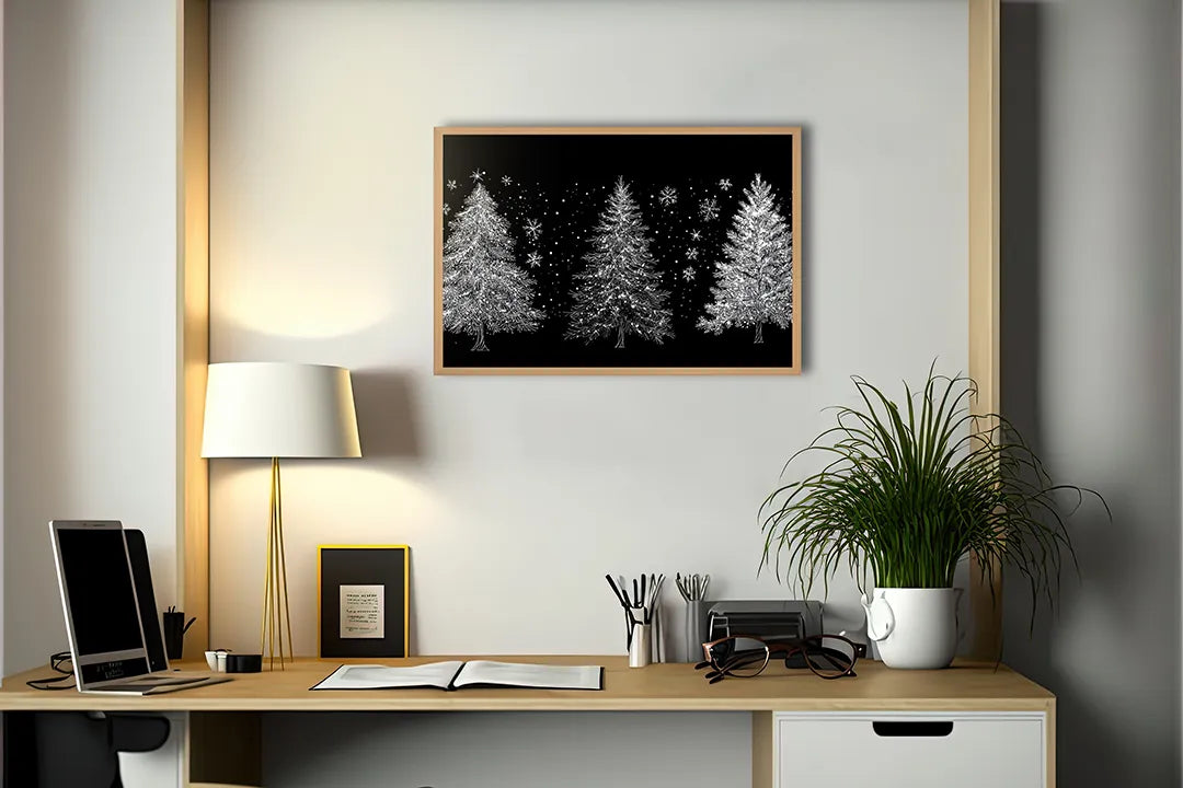 Metall Magnetboard mit hochwertigem Drei weiße Tannenbäume schwarz Design